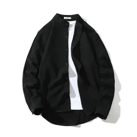 简约立领长袖亚麻衬衫男纯色复古休闲修身棉麻男士衬衣中国风上衣商品大图