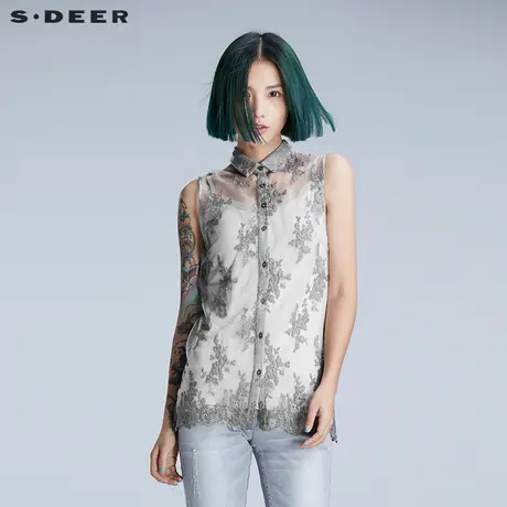 sdeer圣迪奥女装夏装优雅清透花样刺绣微弹花边无袖衬衫S16280647图片