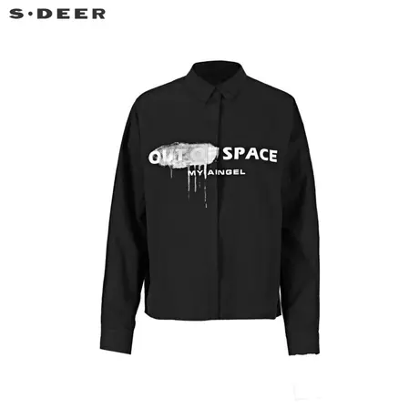 sdeer圣迪奥女22春夏新品时尚翻领撞色字母黑色长袖衬衫S221Z0506图片