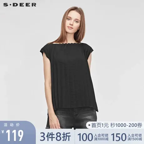 sdeer圣迪奥女夏简约圆领肌理褶皱蝙蝠袖黑色衬衫S19280455图片