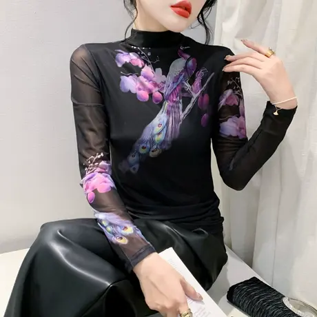 2024秋冬新款T恤网纱植物染印花长袖洋气内塔上衣女修身打底小衫商品大图