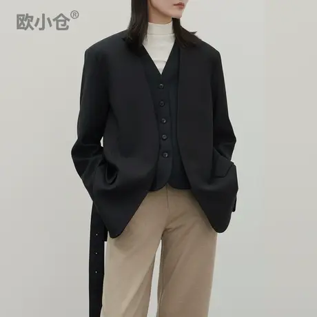 【直播间专享】灰绿色无领西服 V领腰带通勤羊毛西装外套宽松女商品大图