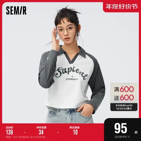[商场同款]森马长袖T恤女短款polo领宽松纯棉2023秋新款字母衣服商品大图
