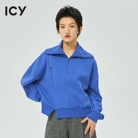 icy春秋新款简约休闲纯色POLO领开叉落肩长袖卫衣女图片