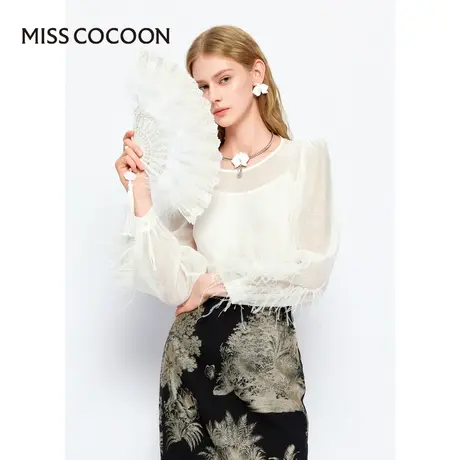 MISSCOCOON【塞班河的日落】24春新款浪漫鸵鸟毛欧根纱气质雪纺衫图片