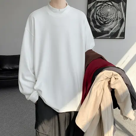 纯色德绒长袖T恤男半高领春秋季重磅ins宽松内搭休闲打底衫秋衣服图片