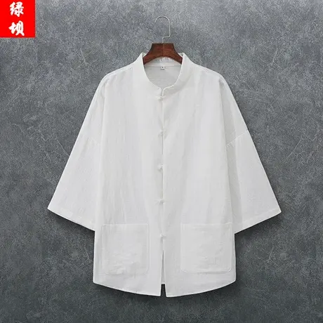 夏季衬衫男七分袖中国风复古宽松盘扣亚麻衣服休闲棉麻料中袖衬衣商品大图