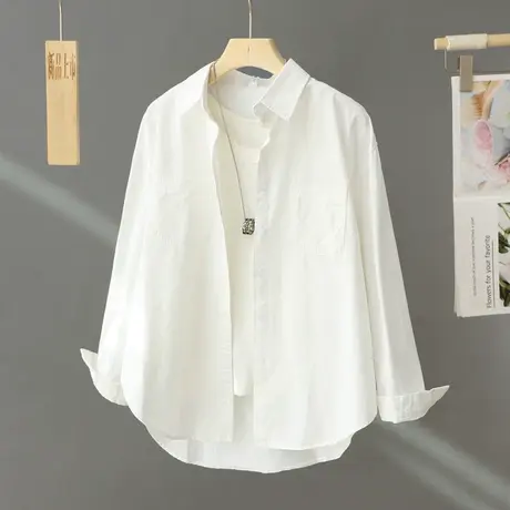 白色休闲衬衫外套女薄款中长款宽松2024春季新款长袖百搭叠穿衬衣图片