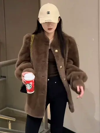立领仿水貂毛环保皮草外套女冬中长款年轻加厚羊羔毛小个子大衣潮商品大图