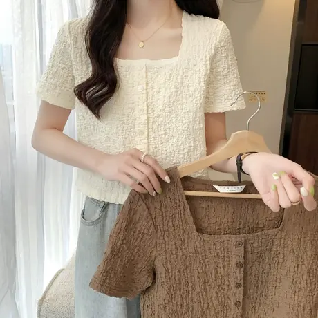 方领肌理短款小衫唐狮2023春夏季新款通勤短袖T恤女设计感通勤x图片