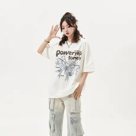 YEP白色蝴蝶印花短袖t恤女春夏2025年新款复古情侣装潮牌宽松上衣图片
