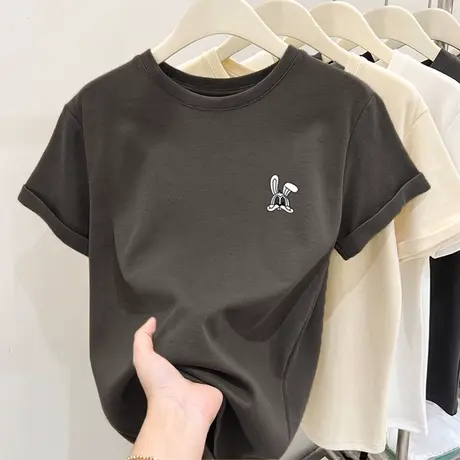 今年流行的搭配甜辣小上衣棕灰色拼色圆领短袖t恤女装夏2024新款商品大图