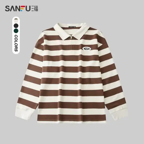 三福2024春季男士条纹长T恤 学院休闲翻领微落上衣男482659商品大图