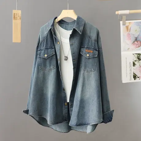 男友风宽松牛仔衬衫外套女春季2024新款中长款衬衣港风双口袋上衣图片