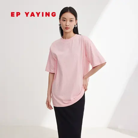 EP YAYING雅莹女装 宽松休闲烫钻纯棉短袖t恤 2024早春新款5302A商品大图
