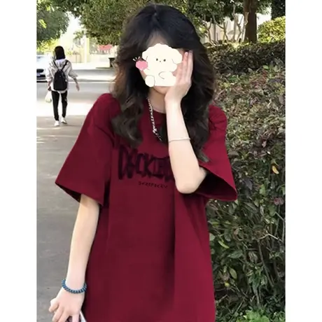 纯棉酒红短袖t恤女夏季2023新款小个子学生美式复古宽松半袖上衣商品大图