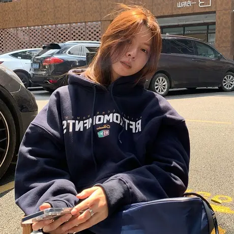 美式复古卫衣女秋冬加绒加厚连帽宽松设计感小众oversize外套潮牌图片