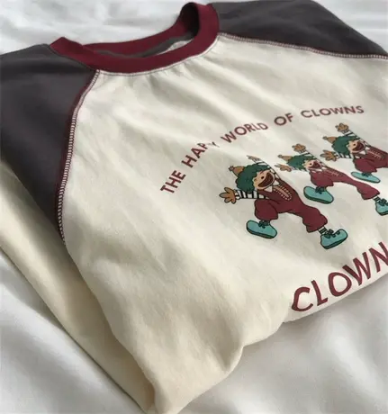 可爱小丑 搞怪趣味韩版拼色插肩长袖印花T恤百搭休闲打底衫女上衣商品大图