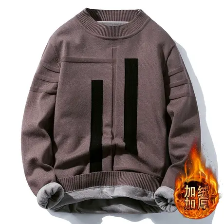 冬季2022新款加绒毛衣男士韩版潮流圆领针织线衫厚上衣服保暖外套商品大图