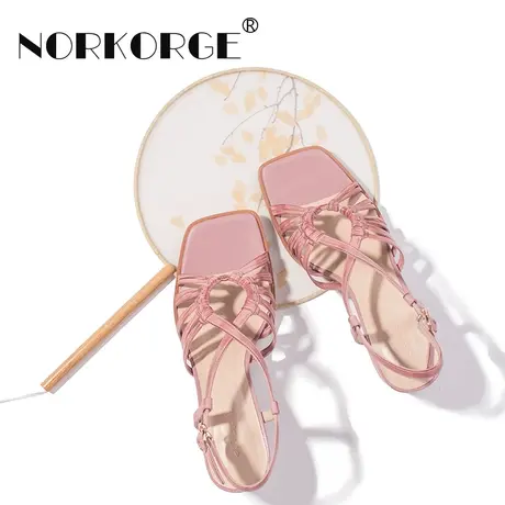 2024新款夏复古仙女风粉色凉鞋女鞋真皮露趾粗跟高跟鞋透气凉鞋商品大图