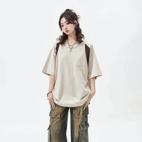 【好物体验专享】复古大版拼接短袖t恤女春夏街头潮牌宽松情侣装商品大图