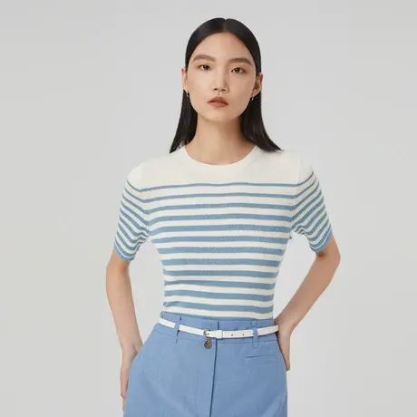 LANCY/俪雅春季新款撞色圆领半袖套头针织衫通勤条纹T恤女图片