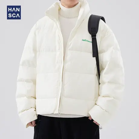 hansca日系纯色拉链立领羽绒服男士冬季字母刺绣纹理宽松休闲外套图片