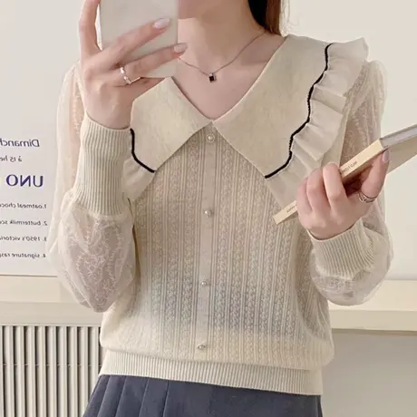 春装2024早春新款茶里茶气别致薄款宽松针织衫蕾丝袖毛衣洋气百搭商品大图