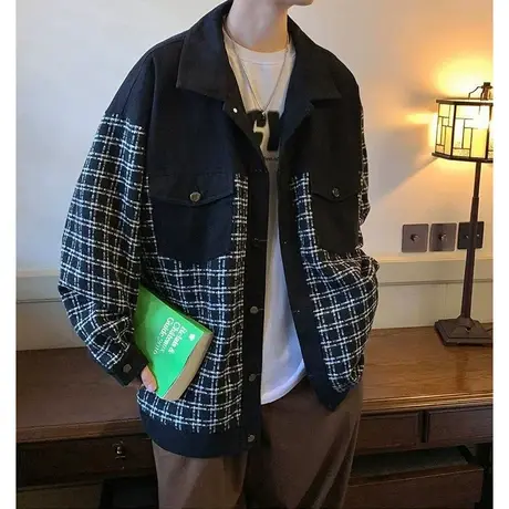 春季外套男潮牌帅气百搭格子休闲夹克男春秋季新款帅气宽松上衣服图片