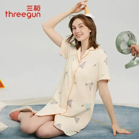 三枪睡裙女2022年新款夏季舒感棉翻领前开襟短袖印花薄款家居裙子图片