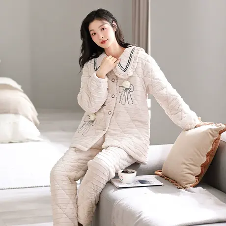 婷美珊瑚绒睡衣女士秋冬款开衫三层加绒加厚夹棉袄冬天家居服套装商品大图