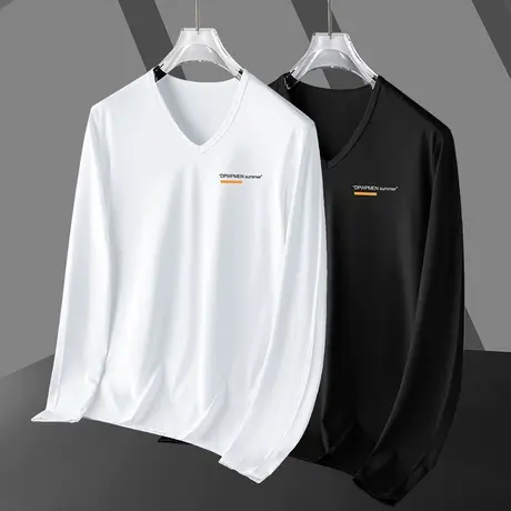 莫代尔长袖t恤男装V领秋季薄款内搭上衣服字母印花打底衫潮流秋衣商品大图