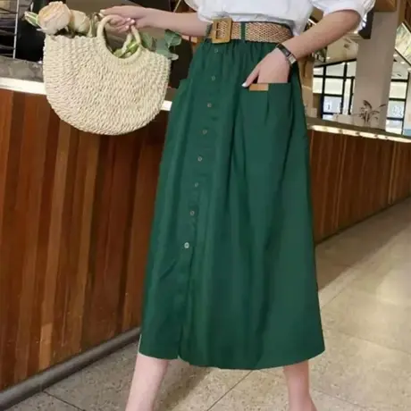 2022夏季新款卡其色松紧腰高腰中长款半身裙子女胖mm爆款a字半裙图片