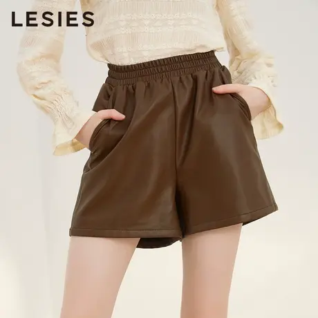 蓝色倾情夏季女装新款 咖色松紧腰简约小A短裤阔腿裤皮裤裤子商品大图