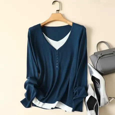 春装2023新款针织羊毛衫女V领外搭毛衣外套长袖宽松显瘦假两件套图片