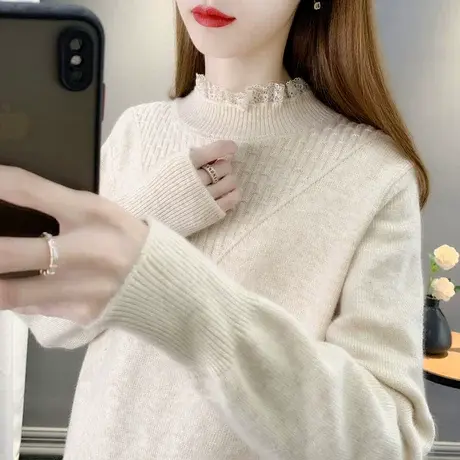 2023年秋冬新款蕾丝半高领软糯毛衣女百搭打底长袖针织衫套头上衣图片