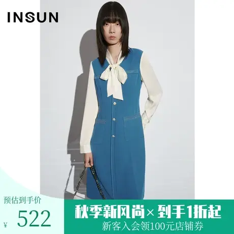 恩裳COVER2023春款新款气质飘带混裁拼接假两件斜纹肌理感连衣裙图片
