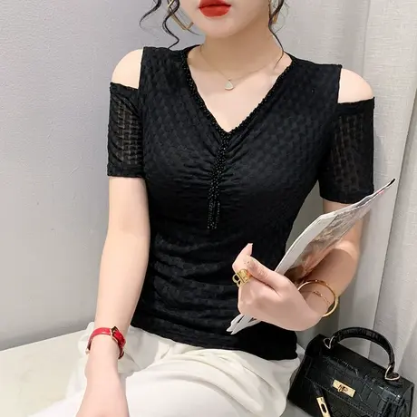 2023夏装新款性感网纱短袖T恤女洋气V领露肩上衣减龄气质钉珠小衫图片