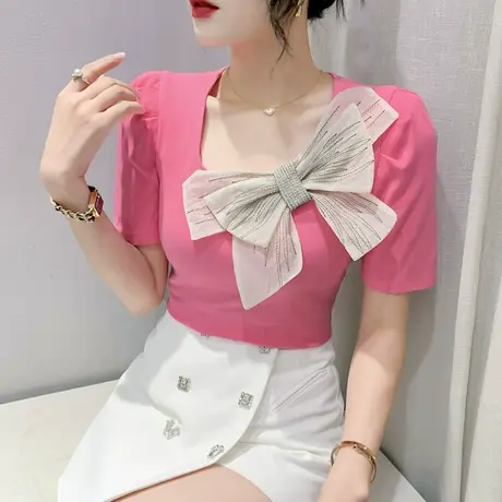 气质蝴蝶结T恤女短袖2023夏季新款时尚洋气小衫设计感小众上衣ins商品大图