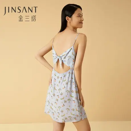 金三塔100%桑蚕丝印花美背蝴蝶结女士真丝时尚吊带裙家居服睡衣商品大图