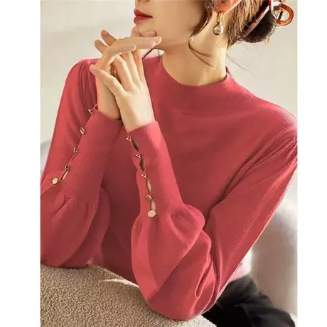 春秋季2023新款砖红半高领薄款针织衫内搭打底衫泡泡袖毛衣洋气商品大图