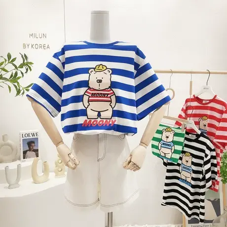 克莱因蓝色上衣2022夏季新款韩国东大门小熊清爽条纹短袖T恤大码商品大图