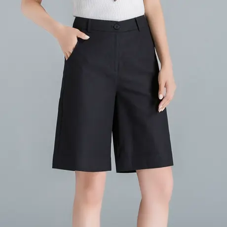 黑色亚麻短裤女夏2023新款五分裤女夏季休闲棉麻裤阔腿中裤5分裤商品大图