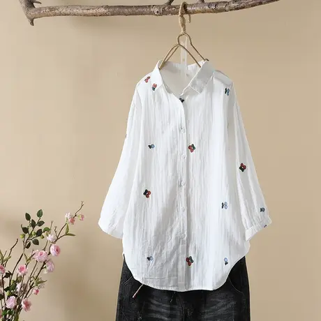夏装韩版文艺小清新四叶花刺绣双层棉纱七分袖衬衫女宽松中袖上衣商品大图