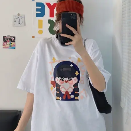 欧货大版白色短袖t恤女2021夏季宽松韩版纯棉半袖ins超火上衣服潮图片