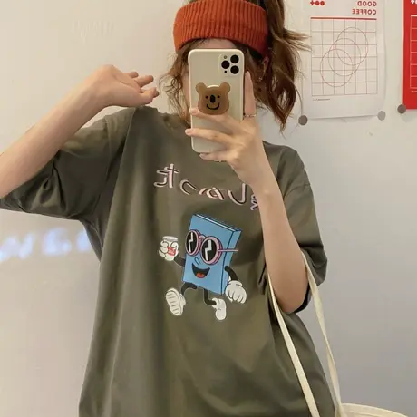 vintage短袖t恤女2021夏季薄款宽松韩版ins设计感小众纯棉上衣服商品大图