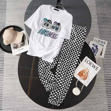 大码运动服套装女夏季宽松短袖长裤小个子时尚休闲网红炸街两件套图片