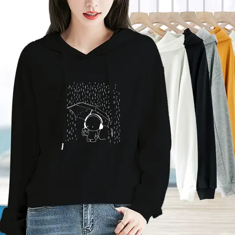 2023春秋新款连帽印花卫衣女宽松百搭长袖减龄套头基础简约打底衫图片