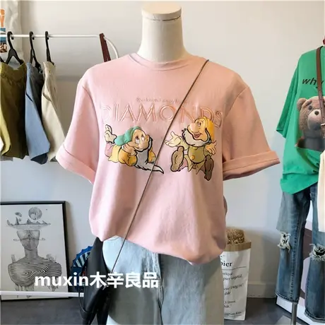 短袖t恤女夏季2021新款韩版ins潮刺绣小矮人宽松粉色洋气百搭上衣图片