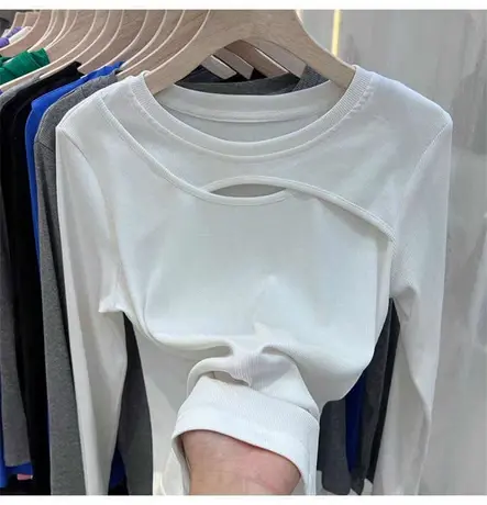 白色镂空打底衫女春秋设计感小众内搭洋气别致上衣修身长袖t恤女商品大图